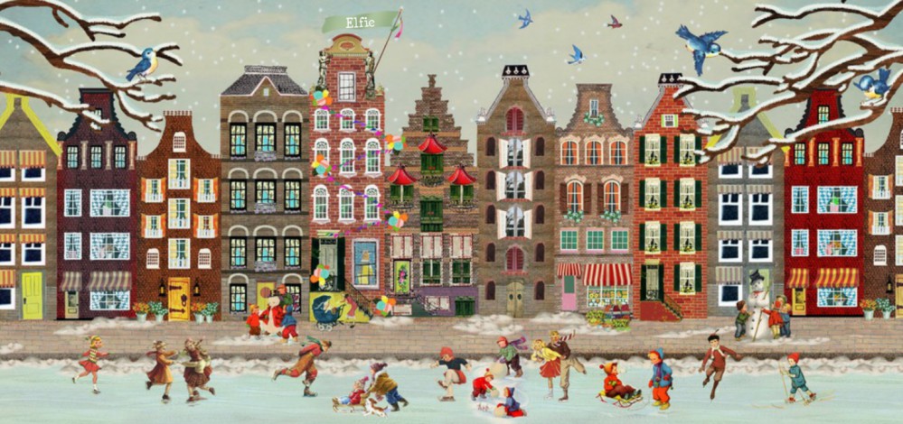 Geboortekaartje winter op de Amsterdamse gracht. Woon je in Amsterdam en wordt jullie kindje in de winter geboren? Hoe toepasselijk dit illustratieve geboortekaartje met sneeuw en ijs. Schaatsende kinderen spelen op de gracht. Vraag eens een gratis proefk