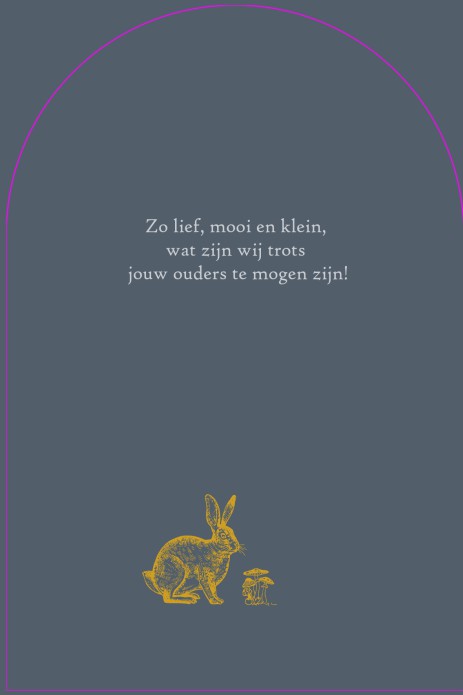 Geboortekaartje met hertje in boogvorm. Minimalistisch met een mooi kadertje en lijntekening van paddenstoelen.