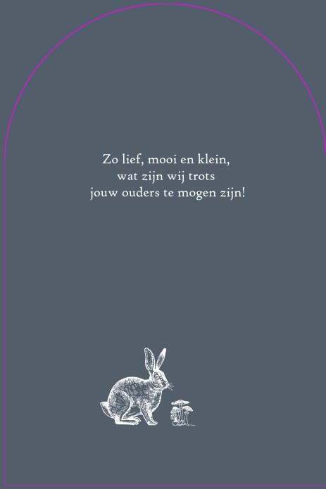 Geboortekaartje met hertje in boogvorm. Minimalistisch met een mooi kadertje en lijntekening van paddenstoelen.