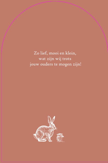 Een uniek geboortekaartje in boogvorm met handgetekende boom. Prachtige lijntekeningen van bosdieren zijn te selecteren in deze collectie samen met Maenmeisje. De roestkleuren zijn zorgvuldig gekozen maar je mag uiteraard jouw eigen combinaties bepalen.