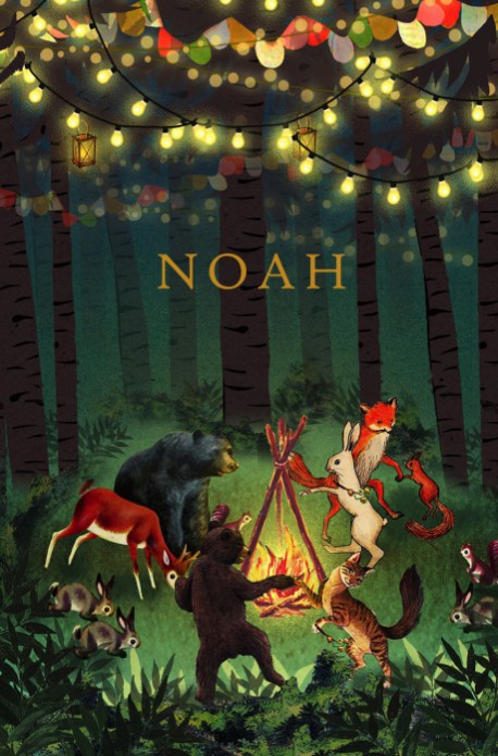 Geboortekaartje in het bos met dieren die rond het kampvuur dansen. Een fantasierijke illustratie in avontuurlijke sfeer. De bosdieren vieren feest met muziek, gezellige verlichting en vlaggetjes. Het geboortekaartje is ook met folie verkrijgbaar. Bestel 