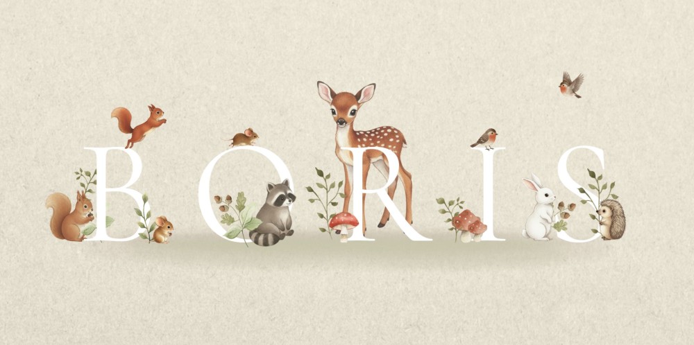 Geboortekaartje met naam en bosdieren. Een liggend formaat geboortekaart waar de naam mooi over de hele breedte kan staan. Voor een illustratief geboortekaartje zijn er bosdieren en paddenstoelen toegevoegd.