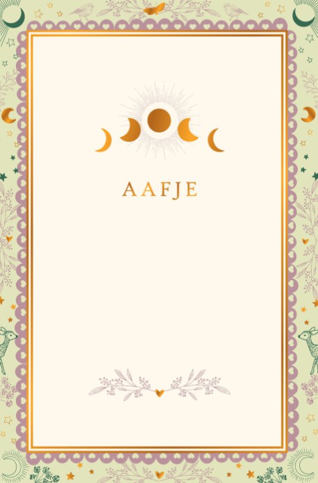 Geboortekaartje bohemian met fases van de maan. De sterren en maantjes passen perfect in de sfeer van dit illustratieve geboortekaartje. Alle kleuren zijn naar eigen inzicht aan te passen. Met of zonder folie.
