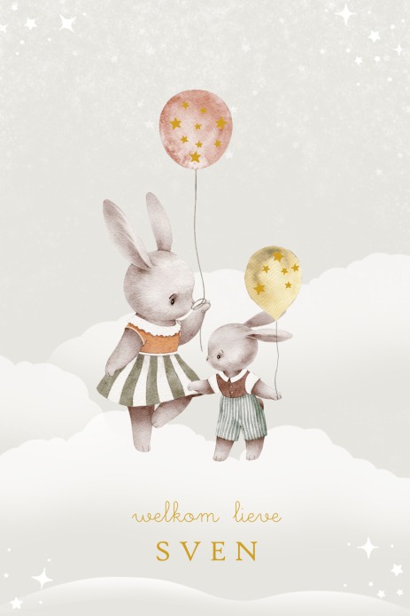 Een heel stijlvol geboortekaartje met originele illustratie konijntjes met ballonnen. Handgeschilderd en met de beeldbank kun je ook andere dieren toevoegen. Romantisch geboortekaartje met allerlei druk mogelijkheden!