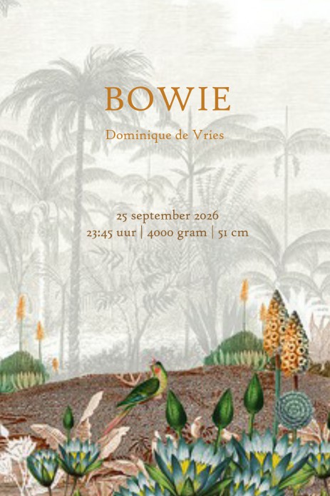 Jungle geboortekaartje met weelderige planten en jungle dieren is een bijzonder geboortekaartje voor jullie kindje. Illustratief en heel erg hip. Met de online editor kun je zelf aan de slag om hem helemaal uniek te maken. Vraag van dit jungle geboortekaa