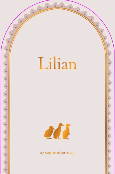 Geboortekaartje in boogvorm met illustratieve rand. Drie eendjes en moeder eend kunnen in folie gedrukt worden. Wil je liever geen folie? In kleur is natuurlijk ook mogelijk. Een lief geboortekaartje met eendjes.