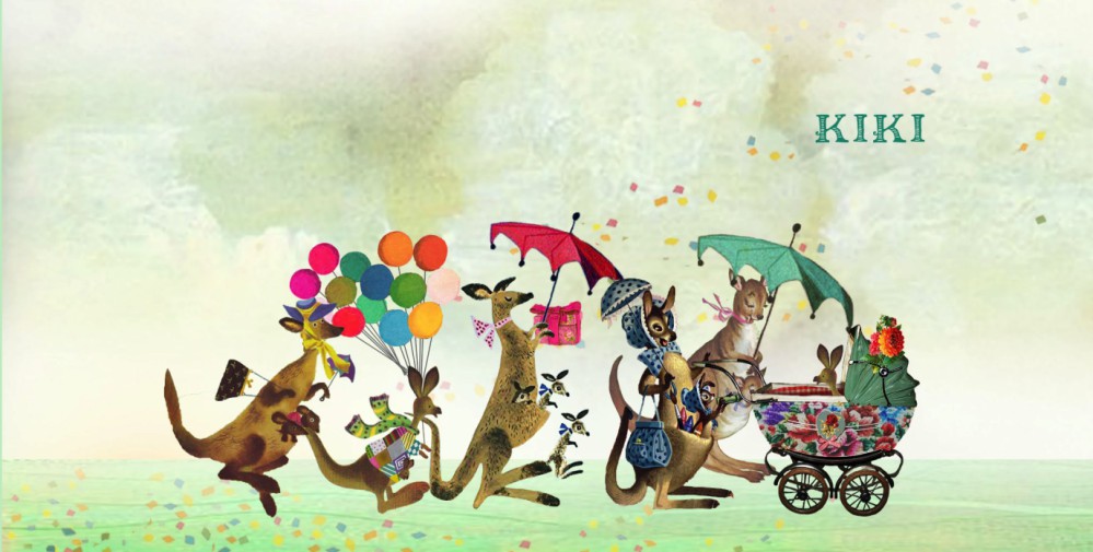 Geboortekaartje retro vintage met kangoeroe's. Kangaroe met een wandelwagentje loopt voorop. Een bonte gezellige stoet met kangoeroe's. Er is zoveel te zien, een illustratief geboortekaartje met vrolijk karakter.