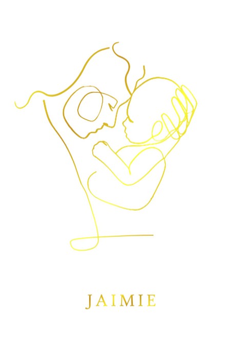 Geboortekaartje lijntekening moeder en baby met grafische elementen in foliedruk. Er is keuze in 4 soorten foliedruk, zilver, goud, koper en rosegoud. Vraag eens een gratis proefkaart aan en bekijk zelf eens de prachtige kwaliteit van het geboortekaartje.