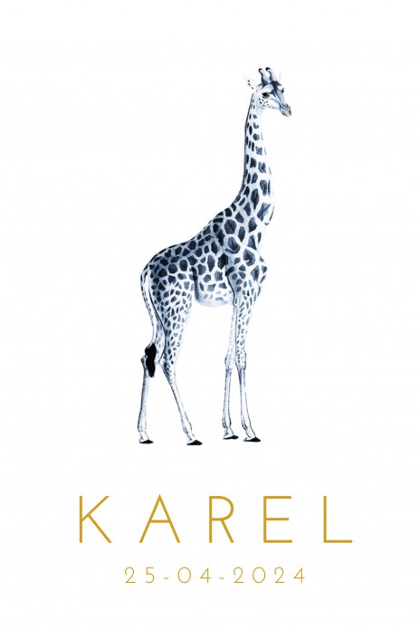 Geboortekaartje mono blauw giraffe met foliedruk