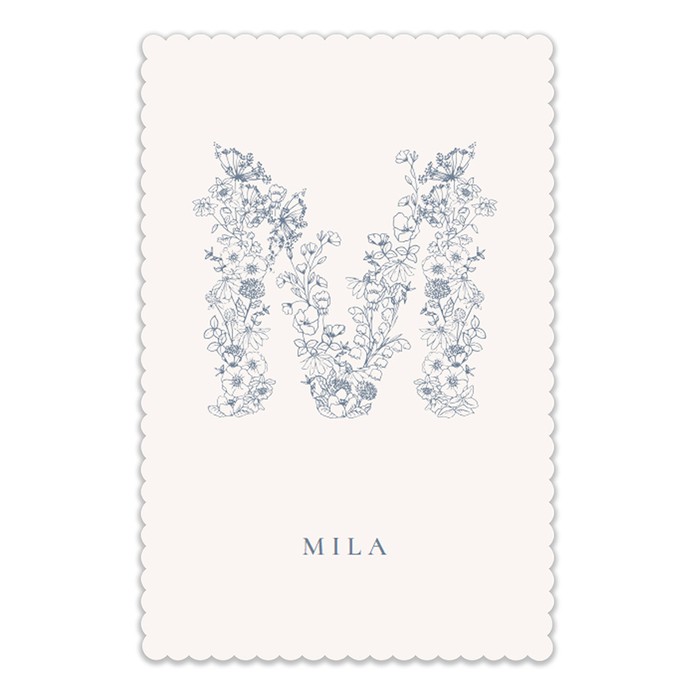 Geboortekaartje schulprandje met botanisch monogram. De hoofdletter van de naam is met de hand getekend en is naar elke kleur om te zetten die je maar wil. Botanische elementen en bloemen maken er een illustratief monogram van.