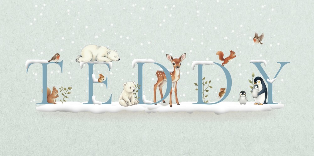 Geboortekaartje met naam in winter thema. Een ijsbeer, pinguïn en eekhoorn lopen in de sneeuw. De naam is aanpasbaar en de kaart is van kleur te veranderen. Het liggende brede formaat geboortekaart biedt plek genoeg voor een naam.