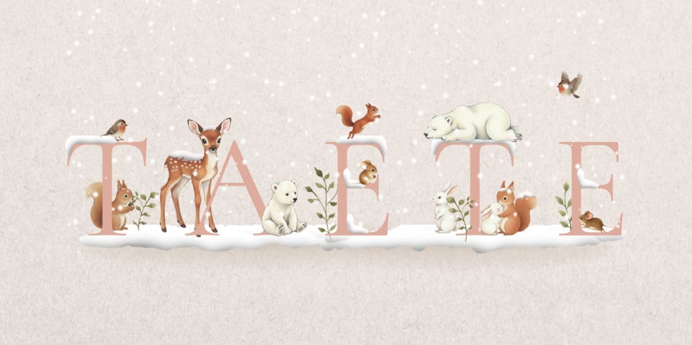 Geboortekaartje winter met sneeuw en dieren. De ijsbeer, hert en konijn staan bij de naam op de voorkant van het geboortekaartje. Een origineel naam geboortekaartje specifiek voor wanneer het koud is buiten.