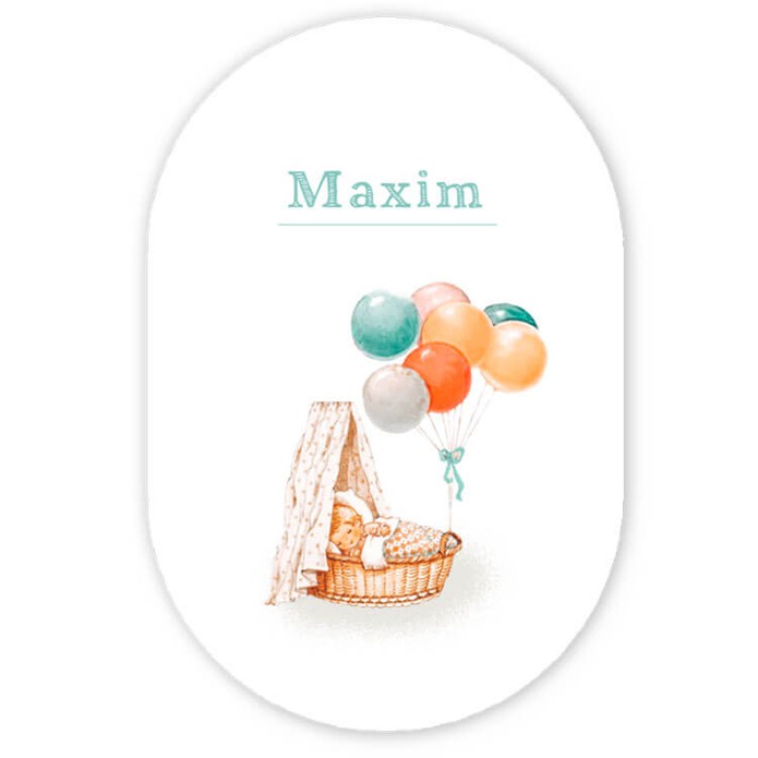 Geboortekaartje ovaal vorm met retro afbeelding. Een mandje met baby en tros ballonnen er aan gebonden. Mooie pasteltinten maken het een eigentijds retro geboortekaartje met beetje nostalgie naar vroeger. Vintage retro op een bijzondere manier door de bij