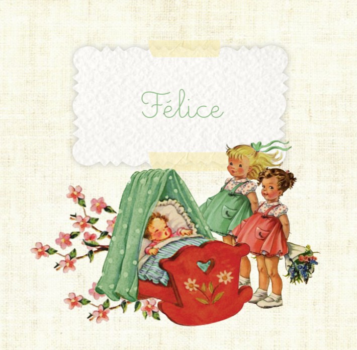 Geboortekaartje retro vintage met leuke vintage kraft details. Een wiegje met de twee grote zussen maken het een lief en schattig geboortekaartje. De retro afbeeldingen doen je denken aan de plaatjes van vroeger. Vraag eens een gratis proefkaart aan.