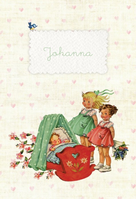 Geboortekaartje retro vintage met leuke vintage kraft details. Een wiegje met de twee grote zussen maken het een lief en schattig geboortekaartje. De retro afbeeldingen doen je denken aan de plaatjes van vroeger. Vraag eens een gratis proefkaart aan.