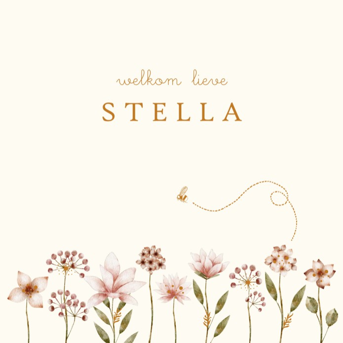 Een heel stijlvol lief geboortekaartje met originele handgeschilderde bloemen illustratie en accent in folie. Het is mogelijk om de kaart met ronde hoeken te bestellen voor een extra lief effect. De bloemen staan ook in de beeldbank voor een eigen versie 