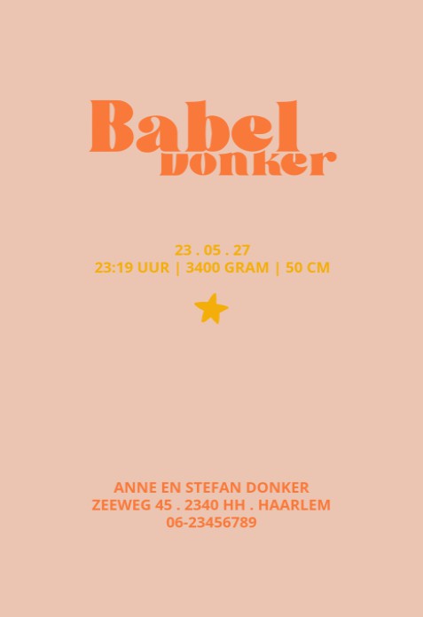 Hip geboortekaartje in heldere warme kleuren. Grootse vormen voor een groots effect. De ronde hoeken maken het een bijzonder geboortekaartje voor jullie baby. Kleuren veranderen is geen enkel probleem met de editor. Ook het lettertype kun je makkelijk zel