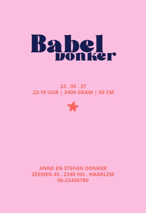 Hip geboortekaartje in heldere warme kleuren. Grootse vormen voor een groots effect. De ronde hoeken maken het een bijzonder geboortekaartje voor jullie baby. Kleuren veranderen is geen enkel probleem met de editor. Ook het lettertype kun je makkelijk zel
