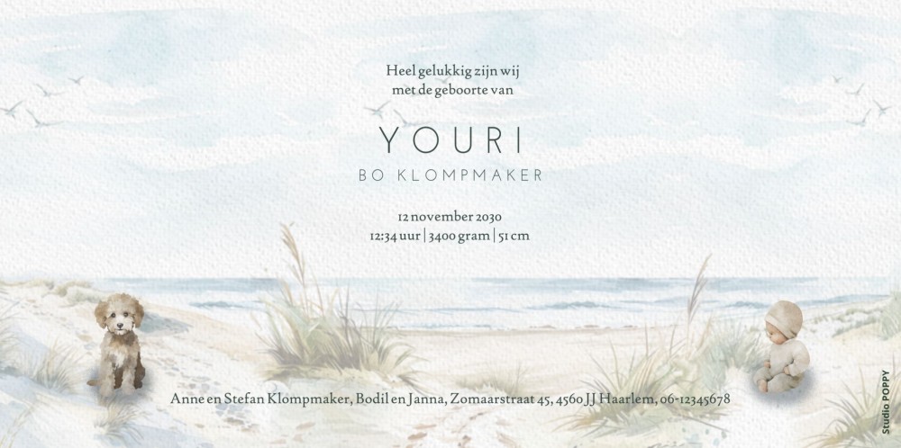 Geboortekaartje in waterverf met strand, 4 kinderen en een vuurtoren. De zee is ook prachtig afgebeeld op jullie geboortekaartje. De kinderen zijn aan te passen naar jullie eigen gezinssamenstelling.