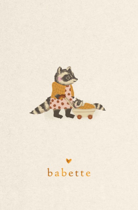 Geboortekaartje met handgetekende wasbeertjes. Illustratie met wandelwagentje voor een uniek geboortekaartje. Vraag eens de gratis proefdruk aan.