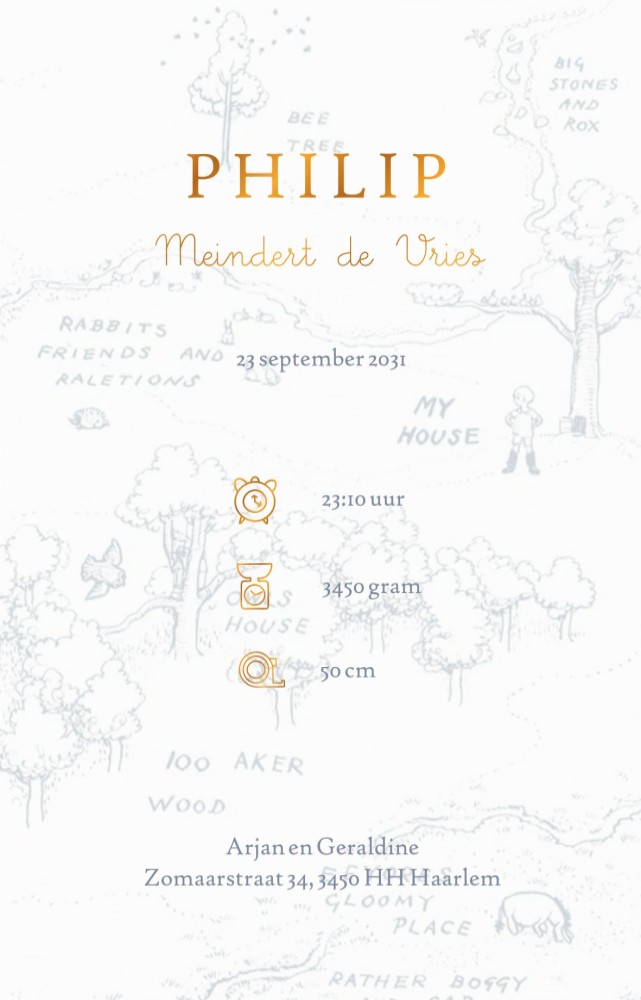 Winnie the Pooh geboortekaartje met originele potloodtekeneing van Winnie, Teigetje en Knorretje bij de boom. In het bos spelen de verhalen van Winnie the Pooh zich af en aan de binnenkant van de kaart is de Acre Wood Map te zien. Prachtig in mono tint ui