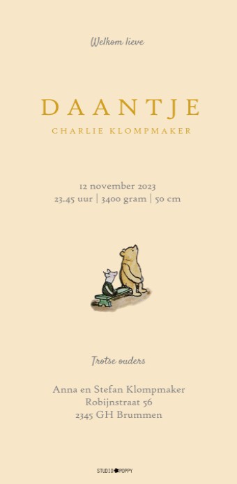 Geboortekaartje Winnie de Pooh met Pglet lopen richting zonsondergang, klassieke afbeelding in trendy staand ontwerp. Combineer met een mooie envelop en bijpassende sluitsticker van Winnie en Piglet.