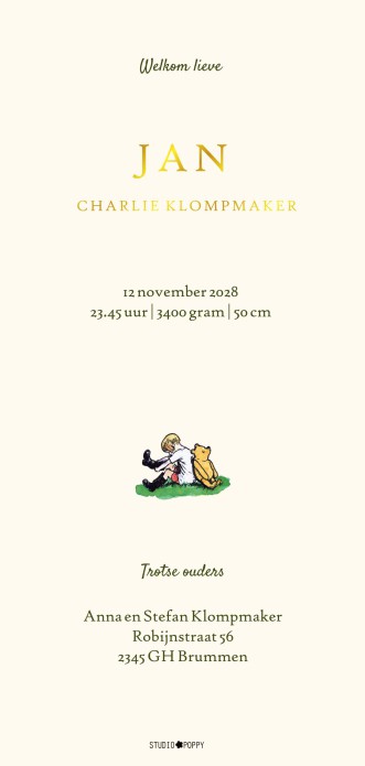 Een heel stijlvol geboortekaartje met originele Winnie the Pooh en Janneman illustratie en accent in folie. We hebben treffende quotes die je kunt gebruiken. Vraag eens een proefkaart aan om alvast de kwaliteit van het kaartje te beoordelen.