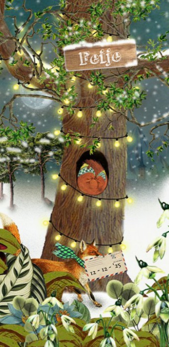 Geboortekaartje retro vintage winter met eekhoorntjes in de boom