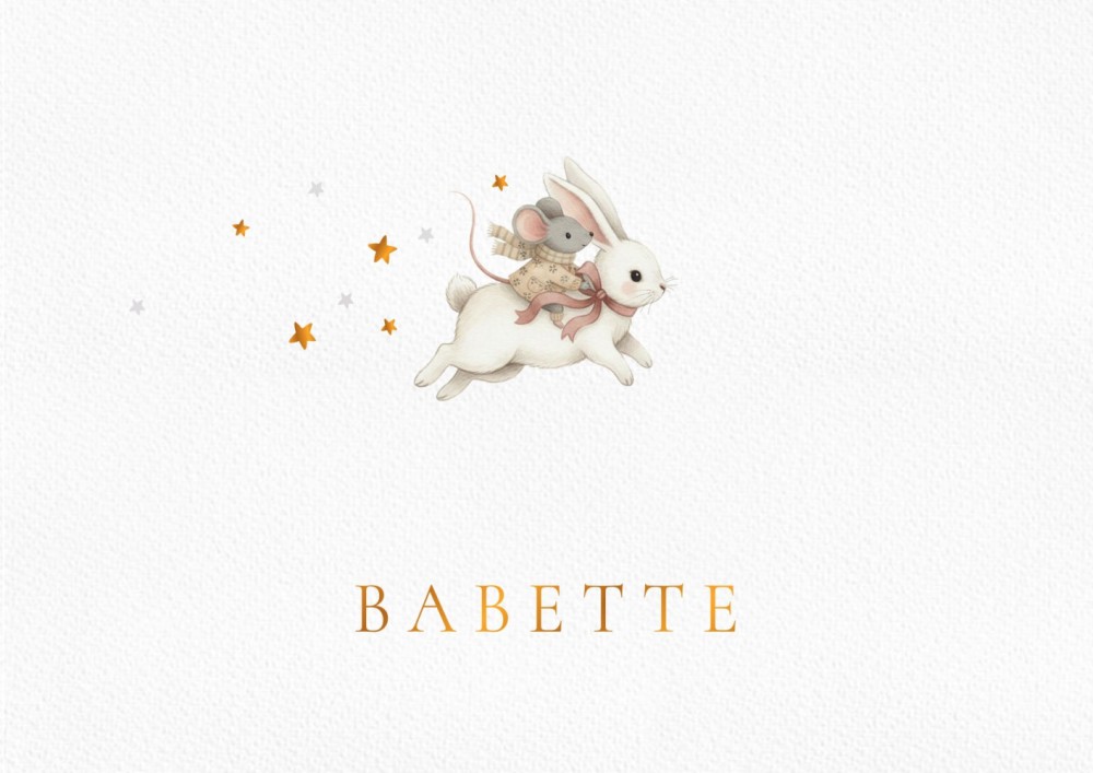 Geboortekaartje zwevend konijntje met een muisje op zijn rug