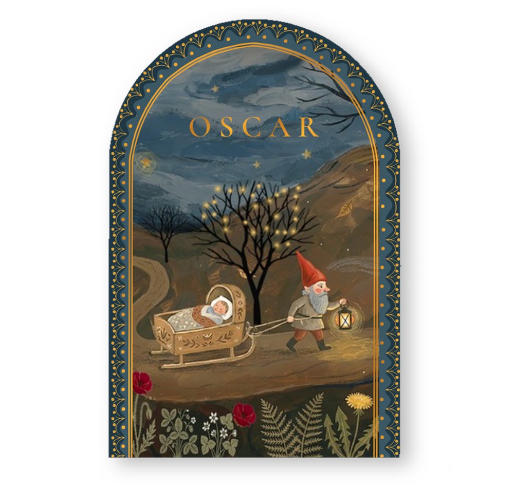 Geboortekaartje landschap met baby en kabouter