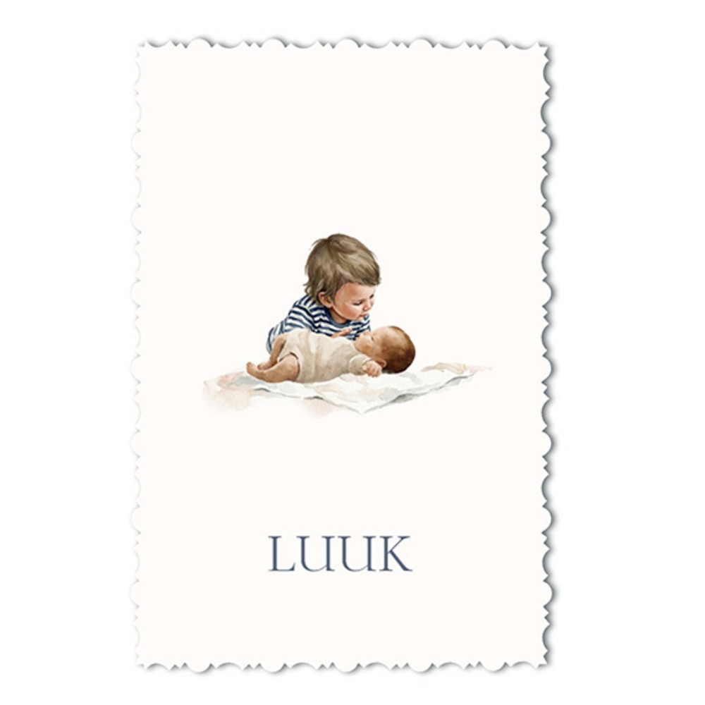 Een geboortekaartje dat wel op maat gemaakt lijkt te zijn! De portretten van broer en zus staan in de beeldbank en kan naar wens toegepast worden. In prachtig watercolor techniek, met de hand geschilderd.