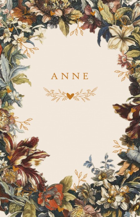 Geboortekaartje met vintage bloemen in prachtige kleuren. Eigentijds door met foliedruk te combineren. In de editor kun je zelf nog beeldmateriaal toevoegen. Een gratis proefkaartje is aan te raden om zelf de kwaliteit te zien.