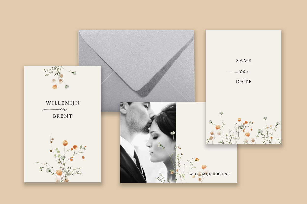 Bruiloft huisstijl romantisch en botanisch. Een trouwkaart, save the date en menukaart met wildboeket design. De lieve wilde bloemetjes maken het een romantische trouwerij huisstijl.