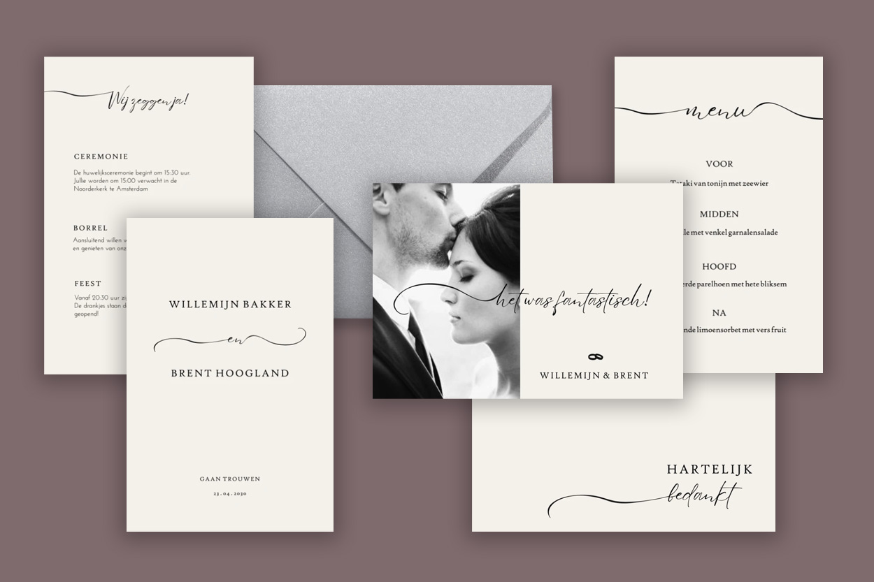 Huisstijl voor bruiloft, een trouwkaart, save the date en menukaart in beige en zwart met foto. Prachtig klassiek en minimalistisch. De typografie van de trouwkaart maakt deze bruiloft huisstijl extra bijzonder.